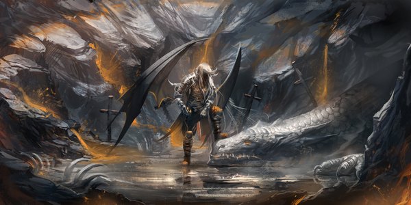 Anime picture 2000x1003 with sakimichan long hair fringe highres wide image standing silver hair lying orange eyes glowing demon wings rock lava boy weapon sword wings boots armor thigh boots