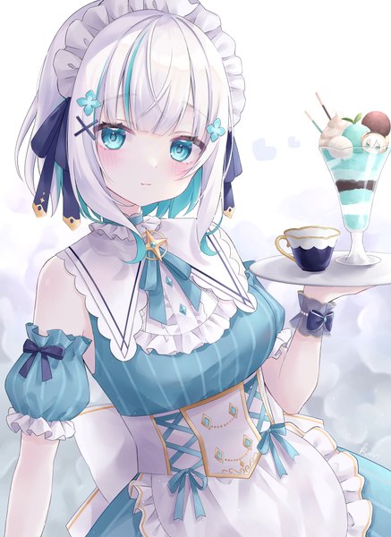 Anime picture 3500x4800 with virtual youtuber nijisanji ars almal amano kurumi single tall image looking at viewer fringe highres short hair absurdres silver hair multicolored hair maid official alternate costume colored inner hair girl uniform detached sleeves food