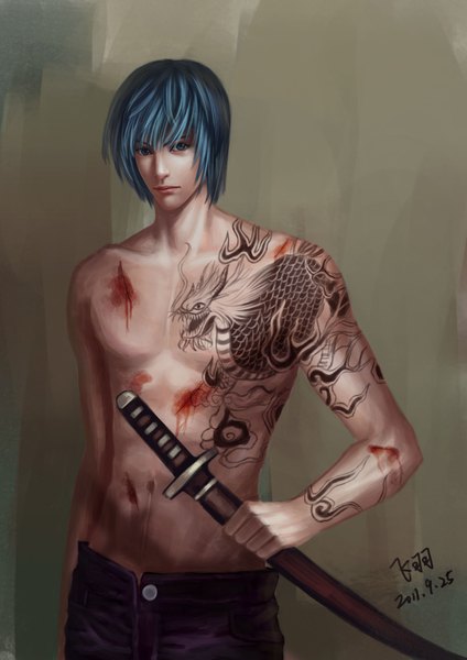 Anime picture 2480x3508 with piaoluo de fei yu single tall image highres short hair blue eyes simple background signed blue hair tattoo topless shirtless boy navel weapon sword katana blood