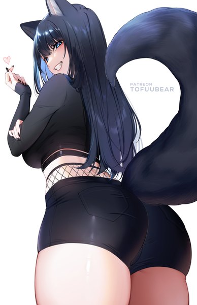 Anime picture 3850x5950 with original reiko (tofuubear) tofuubear single long hair tall image looking at viewer fringe highres breasts blue eyes light erotic black hair simple background smile hair between eyes large breasts standing white background signed