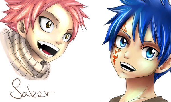 Anime picture 1500x900 with fairy tail natsu dragneel jellal fernandes short hair open mouth blue eyes smile wide image white background brown eyes signed blue hair pink hair tattoo portrait boy scarf
