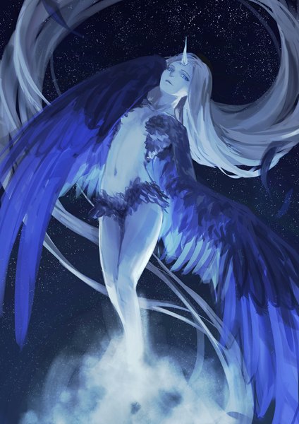 Anime picture 827x1169 with original pixiv fantasia pixiv fantasia fallen kings yin (artist) single tall image looking at viewer breasts light erotic blonde hair bent knee (knees) very long hair horn (horns) groin girl navel wings star (stars) feather (feathers)