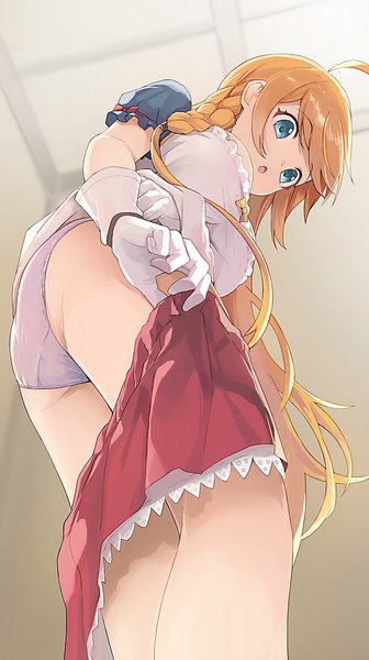 Anime picture 840x1500 with princess connect! re:dive princess connect! pecorine (princess connect!) hiroki (yyqw7151) single long hair tall image fringe breasts open mouth blue eyes light erotic standing ahoge ass indoors braid (braids) pleated skirt orange hair :o