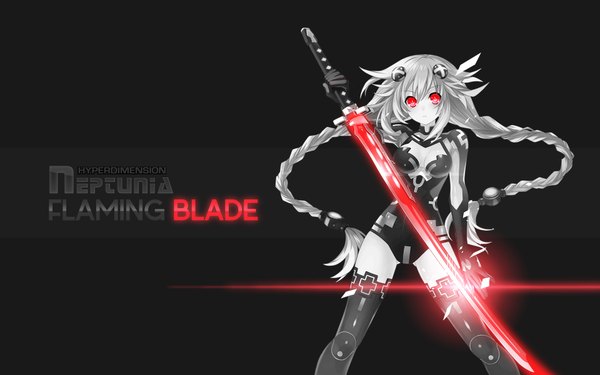Anime picture 1920x1200 with choujigen game neptune hyperdimension neptunia mk2 purple heart assassinwarrior single looking at viewer highres light erotic red eyes braid (braids) very long hair inscription wallpaper twin braids glowing black background monochrome girl gloves hair ornament