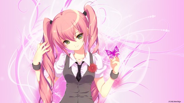 Anime picture 1600x900 with single long hair wide image twintails green eyes pink hair drill hair pink background girl shirt necktie insect butterfly vest