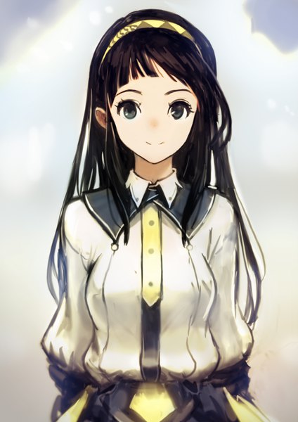 Anime picture 2480x3507 with original okuto single long hair tall image looking at viewer fringe highres breasts black hair simple background smile standing signed payot upper body black eyes puffy sleeves girl hairband
