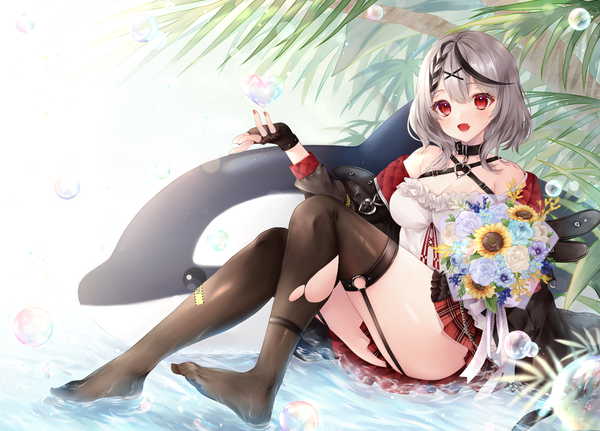 Anime picture 4008x2882 with virtual youtuber hololive sakamata chloe sakamata chloe (1st costume) orii (fsgp5252) single looking at viewer blush fringe highres short hair breasts open mouth light erotic black hair smile hair between eyes red eyes sitting absurdres