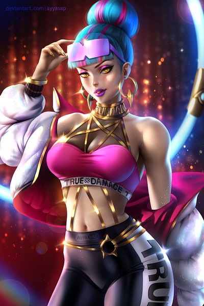 Anime picture 720x1080 with league of legends qiyana (league of legends) true damage qiyana ayyasap single tall image looking at viewer fringe short hair breasts light erotic large breasts standing bare shoulders signed yellow eyes blue hair blunt bangs nail polish parted lips
