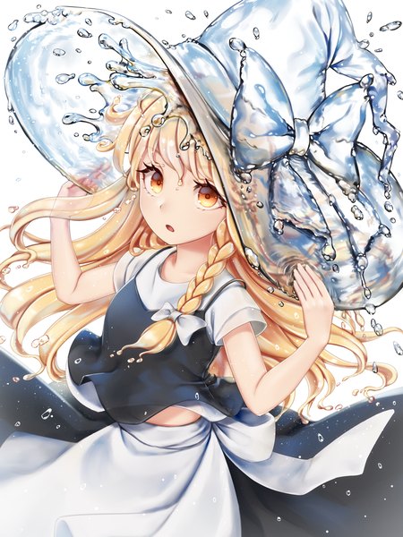 Anime picture 1013x1352 with touhou kirisame marisa torinari (dtvisu) single long hair tall image fringe open mouth blonde hair simple background hair between eyes standing white background yellow eyes upper body braid (braids) arms up short sleeves wet looking up