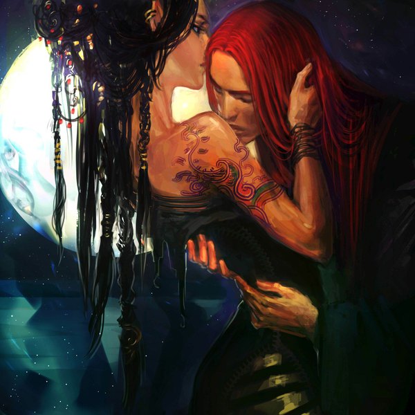 Anime picture 2048x2048 with original anndr (artist) long hair highres bare shoulders red hair eyes closed profile tattoo couple hug kiss girl boy