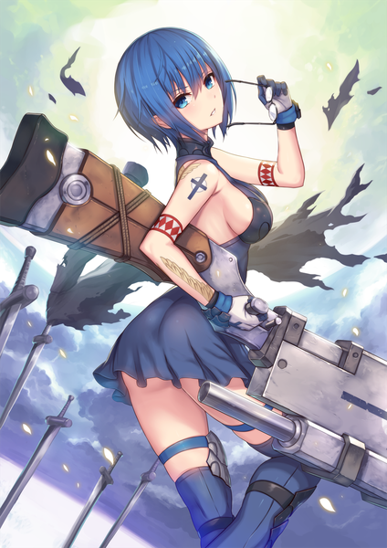 Anime picture 848x1200 with shingetsutan tsukihime type-moon ciel (tsukihime) 2d (artist) single tall image looking at viewer fringe short hair breasts blue eyes light erotic hair between eyes bare shoulders blue hair tattoo sideboob eyewear removed girl dress