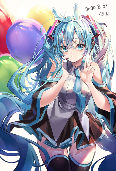 Anime picture 1536x2258 with vocaloid hatsune miku lujang (fudge) single tall image looking at viewer blush fringe blue eyes simple background hair between eyes standing twintails bare shoulders animal ears payot blue hair ahoge very long hair pleated skirt