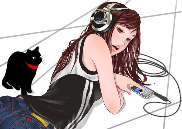 Anime picture 4093x2894 with single long hair highres open mouth girl animal headphones cat tagme