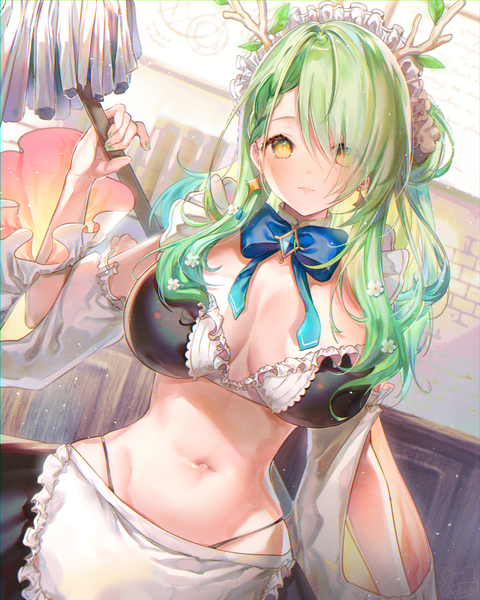 Anime picture 2240x2800 with virtual youtuber hololive hololive english ceres fauna modoki kuma single long hair tall image looking at viewer fringe highres breasts light erotic large breasts yellow eyes nail polish head tilt horn (horns) green hair hair over one eye