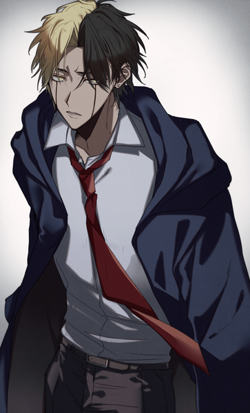 Anime picture 1000x1655 with mashle a-1 pictures rayne ames sukaha (pixiv6351707) single tall image short hair black hair simple background blonde hair yellow eyes multicolored hair two-tone hair facial mark boy shirt necktie white shirt