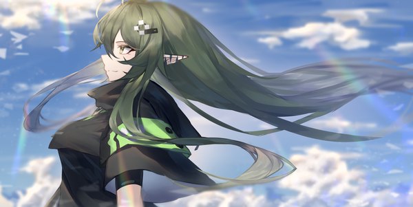 Anime picture 2000x1003 with arknights gavial (arknights) ozeu0916 single long hair fringe highres smile hair between eyes wide image yellow eyes payot looking away sky cloud (clouds) upper body ahoge outdoors profile green hair