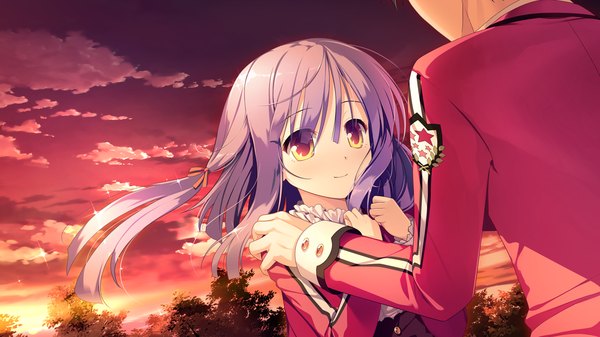 Anime picture 1280x720 with kimi to boku to no kishi no hibi: rakuen no chevalier minamihori asuna long hair blush smile wide image yellow eyes game cg sky purple hair cloud (clouds) couple girl boy uniform school uniform