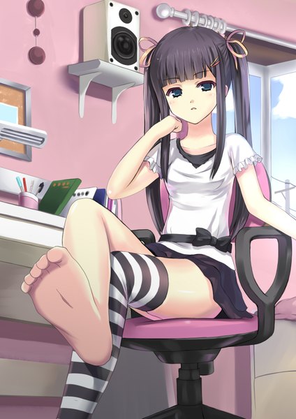 Anime picture 2480x3507 with original koyama tomosato (artist) single long hair tall image blush highres blue eyes black hair twintails barefoot crossed legs head rest girl thighhighs hair ornament bow curtains bobby pin striped thighhighs