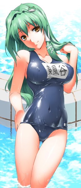 Anime picture 3150x7323 with touhou kochiya sanae byeontae jagga single long hair tall image looking at viewer fringe highres breasts light erotic large breasts standing brown eyes looking away absurdres green hair wet alternate costume adjusting hair