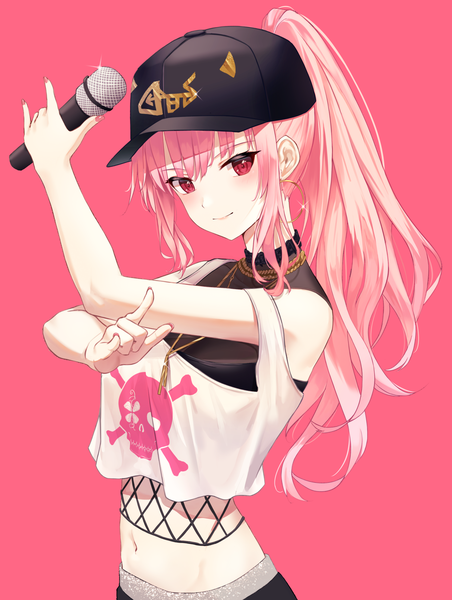 Anime picture 1500x1993 with virtual youtuber hololive hololive english mori calliope mori calliope (streetwear) shands single long hair tall image looking at viewer simple background bare shoulders pink hair upper body ponytail pink eyes official alternate costume pink background mmm skull print