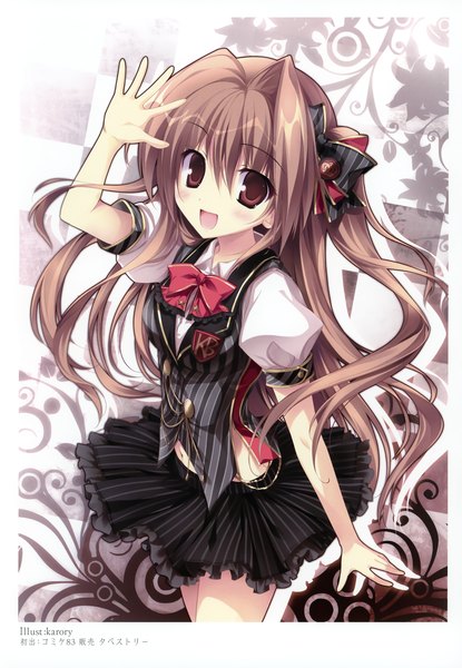 Anime picture 2406x3475 with original aomi maika karory single long hair tall image looking at viewer blush highres open mouth red eyes brown hair scan one side up girl dress bow hair bow