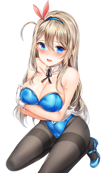 Anime picture 1600x2600 with girls frontline suomi kp31 (girls frontline) zerocat single long hair tall image looking at viewer blush fringe breasts open mouth blue eyes light erotic simple background blonde hair hair between eyes large breasts white background bare shoulders animal ears