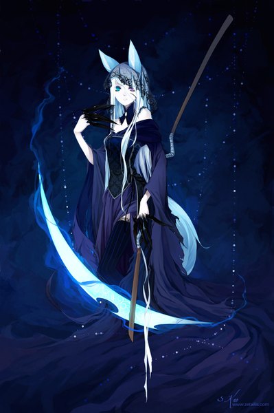 Anime picture 999x1503 with original zetallis single long hair tall image looking at viewer smile standing animal ears white hair tail braid (braids) long sleeves animal tail pink eyes aqua eyes wide sleeves bare belly fox ears heterochromia