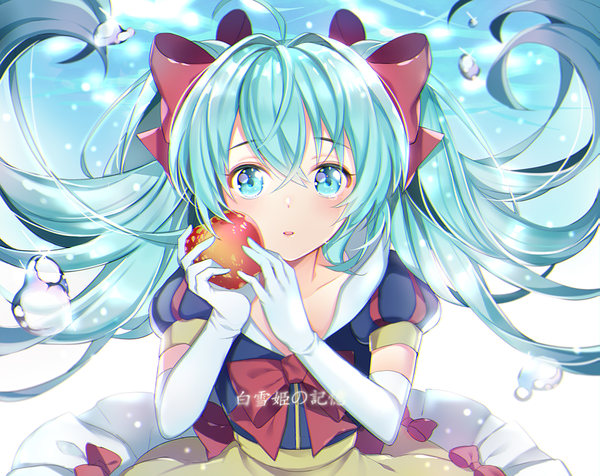 Anime picture 1000x794 with snow white and the seven dwarfs vocaloid hatsune miku snow white pingo single long hair blush fringe hair between eyes twintails upper body aqua eyes aqua hair floating hair cosplay snow white (cosplay) girl gloves bow
