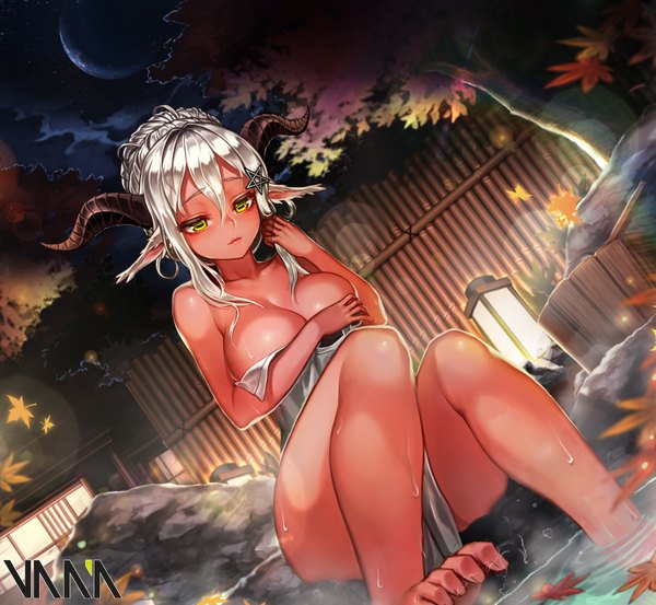 Anime picture 2000x1844 with original baphome (vana) vana single looking at viewer fringe highres short hair breasts light erotic hair between eyes large breasts sitting signed yellow eyes payot silver hair cloud (clouds) outdoors horn (horns)