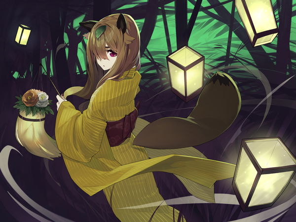 Anime picture 2047x1535 with original kamameshi gougoumaru single long hair fringe highres brown hair purple eyes animal ears looking away tail traditional clothes japanese clothes animal tail from above hair over one eye raccoon ears raccoon tail girl leaf (leaves)