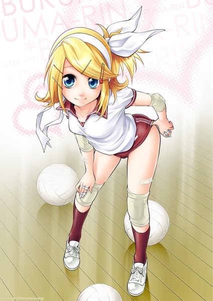 Anime picture 1000x1413 with vocaloid kagamine rin kitano tomotoshi tall image looking at viewer short hair breasts blue eyes blonde hair standing alternate costume adjusting clothes girl hair ornament socks shorts hairband hairclip bobby pin bandage (bandages)