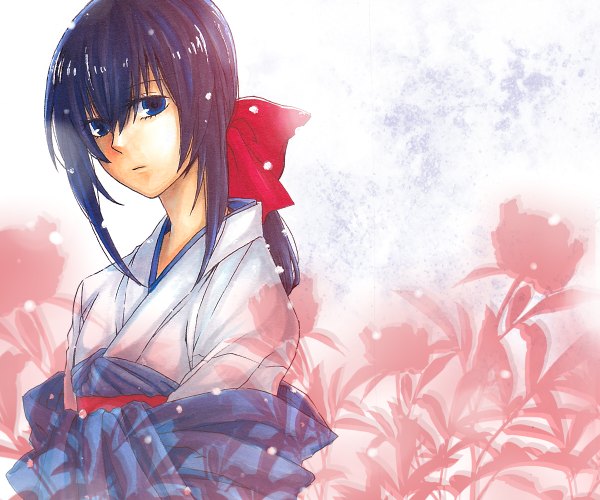 Anime picture 1200x1000 with rurouni kenshin yukishiro tomoe mare (artist) single long hair blue eyes black hair traditional clothes japanese clothes girl flower (flowers) bow hair bow