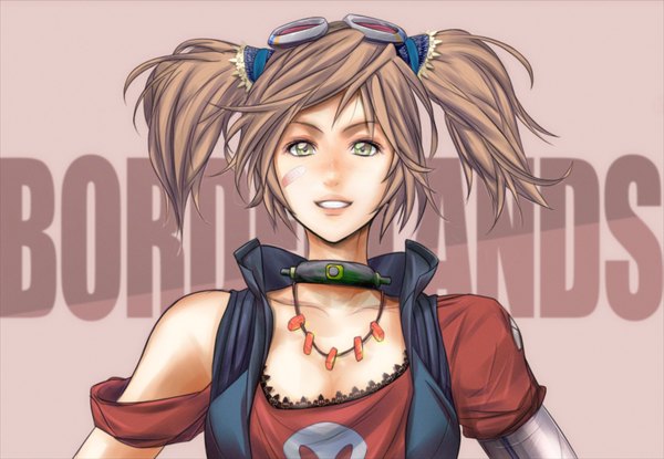 Anime picture 1870x1294 with borderlands borderlands 2 gaige kei (pixiv2311835) single looking at viewer blush highres short hair open mouth simple background smile brown hair twintails green eyes lips facial mark goggles on head girl choker