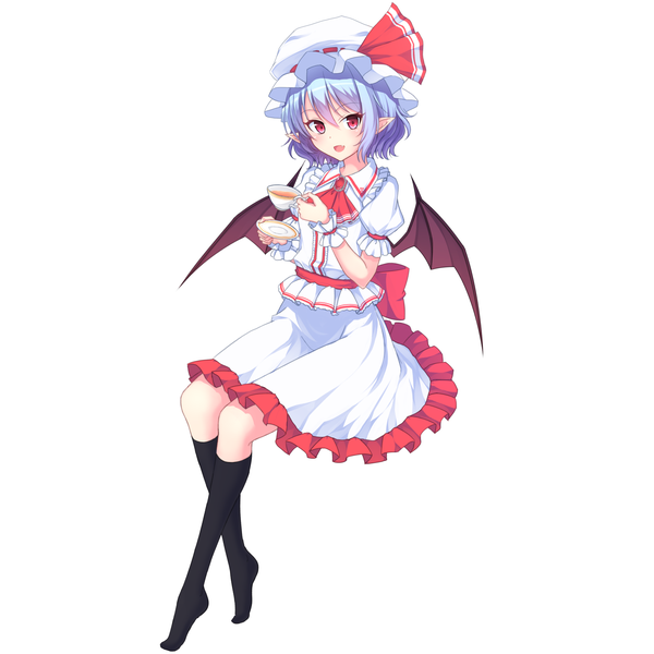 Anime picture 1600x1600 with touhou remilia scarlet junior27016 looking at viewer blush fringe short hair open mouth simple background smile hair between eyes red eyes white background holding blue hair full body pointy ears short sleeves fang (fangs) no shoes