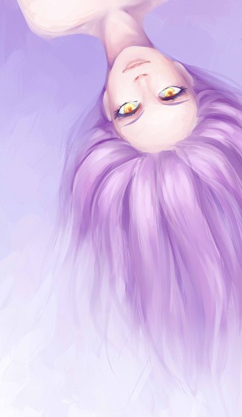 Anime picture 1792x3088 with lon-li-mei single long hair tall image looking at viewer highres bare shoulders yellow eyes purple hair light smile gradient background upside down girl