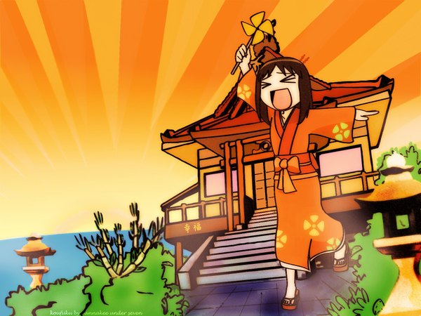 Anime picture 1600x1200 with azumanga daioh j.c. staff kasuga ayumu japanese clothes orange background girl kimono