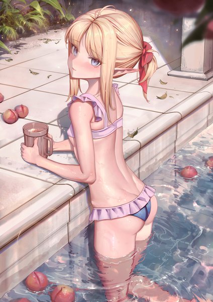 Anime picture 2756x3898 with original bingwei huang single tall image looking at viewer blush fringe highres short hair blue eyes light erotic blonde hair smile standing holding payot ahoge outdoors ass ponytail