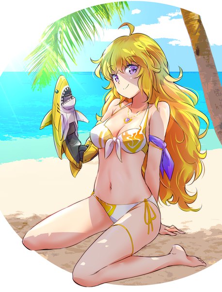 Anime picture 1221x1600 with rwby rooster teeth yang xiao long iesupa single long hair tall image looking at viewer breasts light erotic blonde hair smile large breasts sitting purple eyes cleavage ahoge barefoot arm support beach