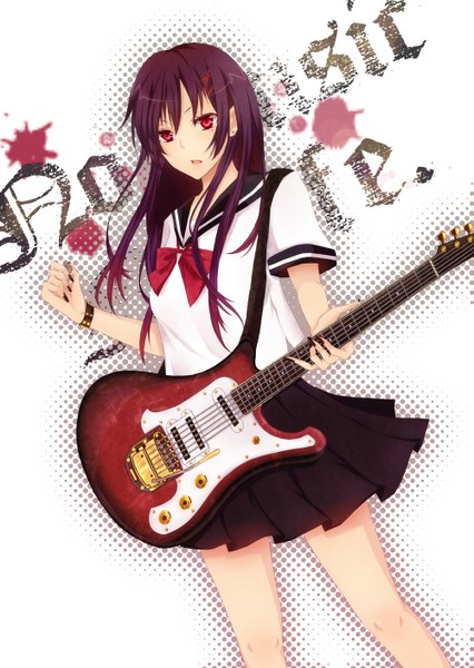 Anime picture 1000x1409 with original shina natsume single long hair tall image red eyes purple hair girl skirt miniskirt serafuku guitar