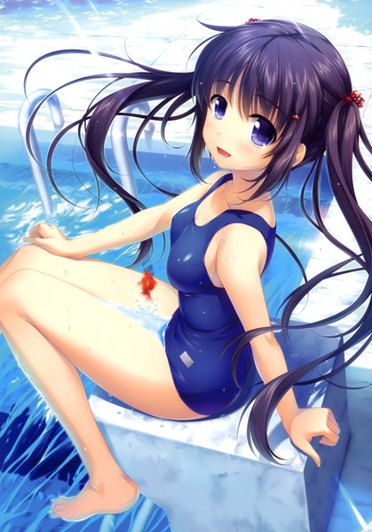 Anime picture 3268x4676 with original alpha (yukai na nakamatachi) single long hair tall image highres open mouth blue eyes light erotic black hair twintails absurdres girl swimsuit fish (fishes)