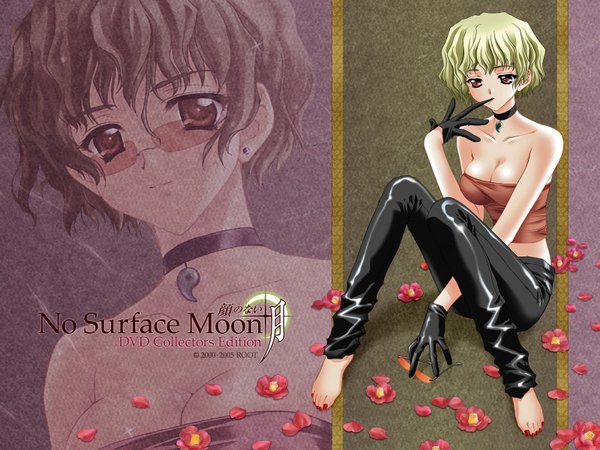 Anime picture 1600x1200 with kao no nai tsuki sawaguchi chikako single short hair light erotic blonde hair red eyes topless girl gloves flower (flowers) glasses pants collar necklace no surface moon