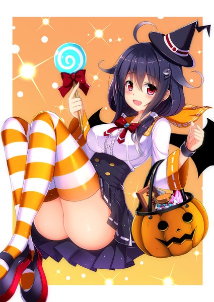 Anime picture 992x1400 with kantai collection taigei light aircraft carrier benitsuki tsubasa single long hair tall image blush open mouth light erotic black hair red eyes twintails low twintails border halloween outside border girl thighhighs dress striped thighhighs