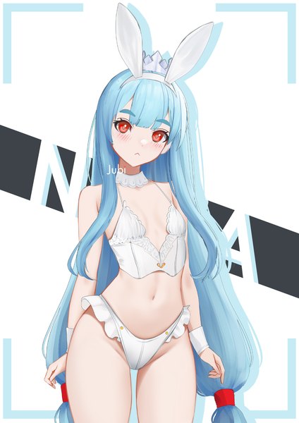 Anime picture 1190x1684 with original nona (jubi) jubi (regiana) single long hair tall image light erotic simple background red eyes white background twintails signed animal ears blue hair bunny ears character names low twintails fake animal ears girl navel