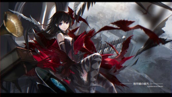 Anime picture 1885x1062 with mahou shoujo madoka magica shaft (studio) akemi homura akuma homura swd3e2 single long hair looking at viewer highres black hair wide image purple eyes depth of field character names letterboxed flying black wings scenic bloody tears girl