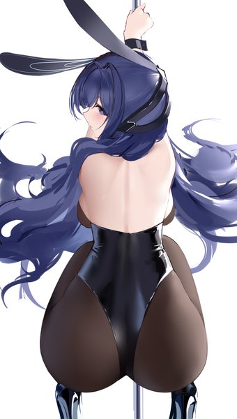 Anime picture 2894x5100 with azur lane new jersey (azur lane) new jersey (exhilarating steps!) (azur lane) an yasuri single long hair tall image looking at viewer blush fringe highres breasts blue eyes light erotic simple background white background animal ears blue hair profile looking back