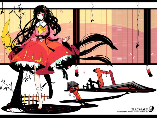 Anime picture 1600x1200 with touhou houraisan kaguya ideolo single long hair black hair red eyes barefoot letterboxed girl dress petals