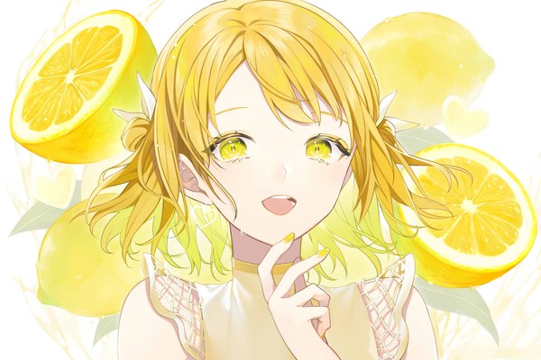 Anime picture 4500x3000 with original sogawa single looking at viewer fringe highres short hair open mouth simple background blonde hair yellow eyes absurdres upper body nail polish :d fingernails hair bun (hair buns) sleeveless eyeshadow yellow nail polish