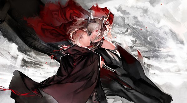 Anime picture 2200x1210 with original pixiv fantasia pixiv fantasia v kaninnvven long hair highres short hair blonde hair red eyes wide image silver hair from behind couple fantasy almost kiss girl boy weapon animal petals