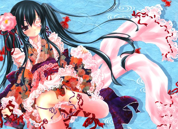 Anime picture 3340x2416 with gintama sunrise (studio) yagyuu kyuubei single long hair blush highres light erotic black hair twintails brown eyes absurdres japanese clothes hair flower tears girl thighhighs hair ornament underwear panties