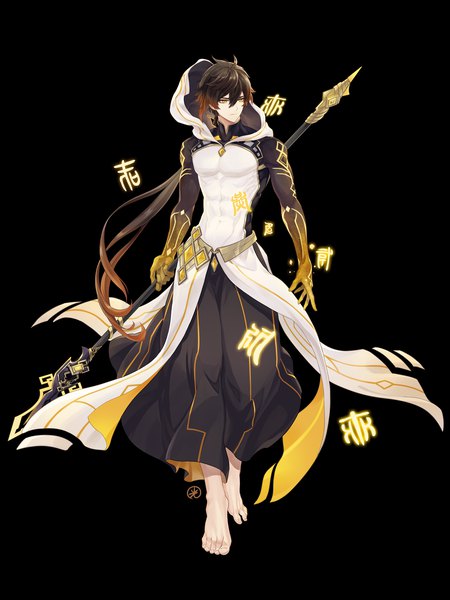 Anime picture 1500x2000 with genshin impact zhongli (genshin impact) zhongli (archon) (genshin impact) hikaru002001 single long hair tall image fringe simple background hair between eyes brown hair yellow eyes looking away full body barefoot black background low ponytail boy weapon hood